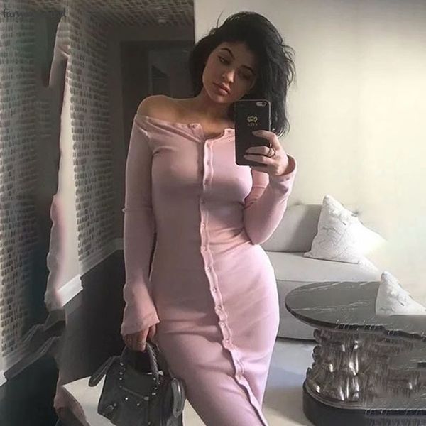 

bodycon dresses vintage off shoulder button mid calf autumn dress empire vestidos 4 colors sheath slash neck autumn dress, Black;gray