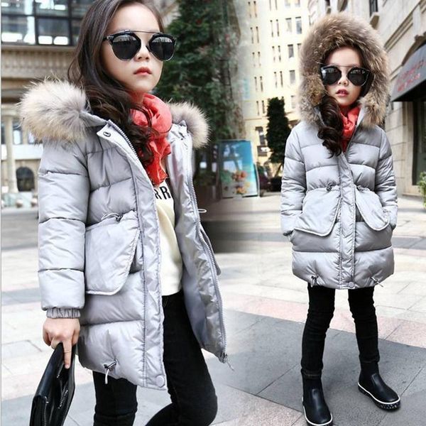 

winter girls coats medium long solid design clothes fur hooded kids pocket coat clothing girl keep warm padded for 6-14yrs, Blue;gray