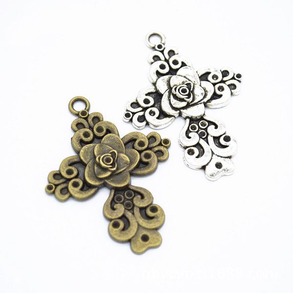 

100pcs/lot vintage metal alloy rose floral cross charms pendant 46x34 mm bronze & silver jewelry crafts accessories