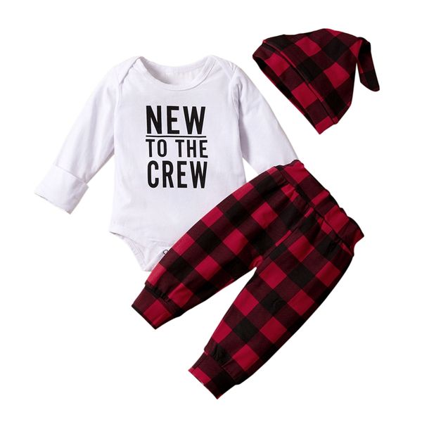 

newborn baby clothes letter print romper lattice long pants hat 3 pcs outfits set, White