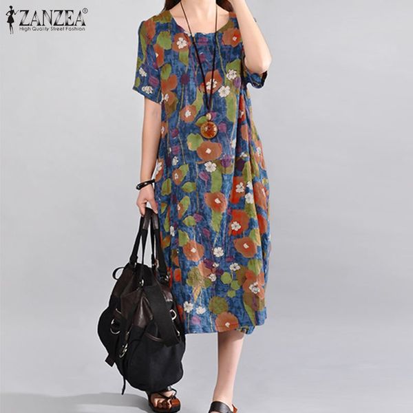 

zanzea vintage floral printed sundress women summer dress casual o neck short sleeve loose midi vestido plus size kaftan dresses, Black;gray