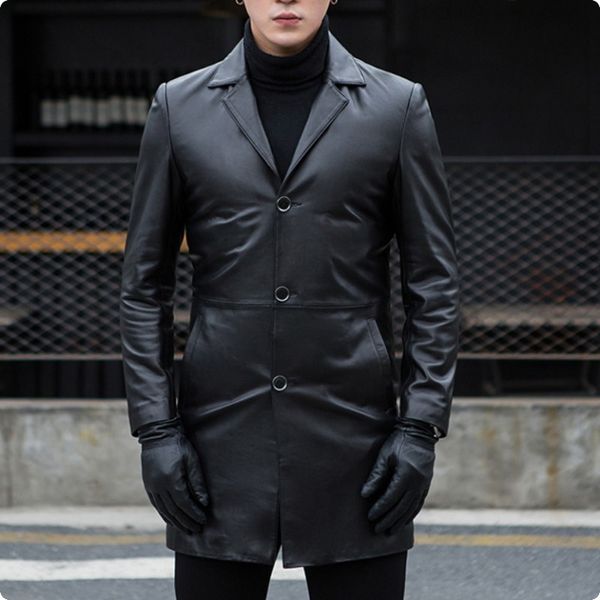 

2019 autumn new arrival mens sheepskin genium leather jackets slim fit male long coat jaqueta de couro masculino genuino solid, Black