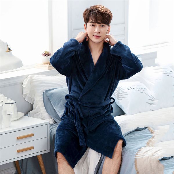 

warm men sleepwear robe flannel nightwear sleepwear kimono gown autumn winter coral fleece short bathrobe nightgown negligee, Black;brown