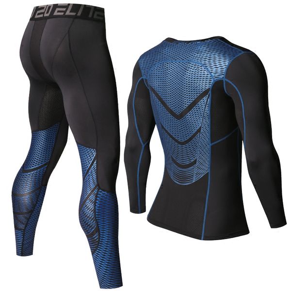 

men t shirts pants set long sleeve t-shirt men's compression shirts fitness bodybuilding clothes rashguard sport suit, Black;blue