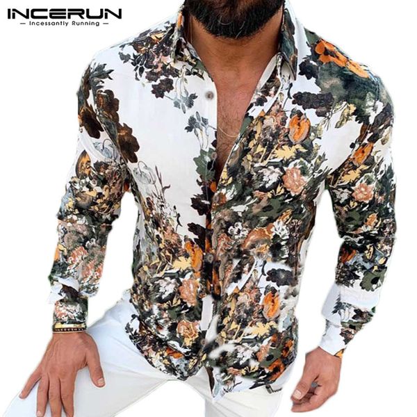

incerun men lapel long sleeve flower printed shirt fashion spring autumn button down mens blouse comfort social masculina, White;black