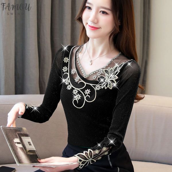 

new autumn winter blouse lace elegant shirt long sleeve women warm velvet thick blouses streetwear floral shirts plus size, White