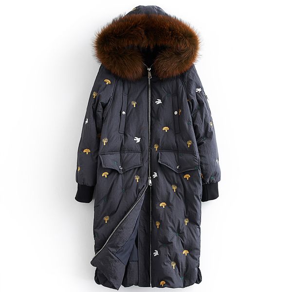 

womens down jacket winter white duck down jacket women raccoon big fur collar long coat 2018 parka chic embroidery winter, Black