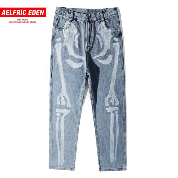 

aelfric eden vintage painting skull mens jeans 2020 harajuku hip hop trousers casual fashion streetwear joggers straight pants, Blue