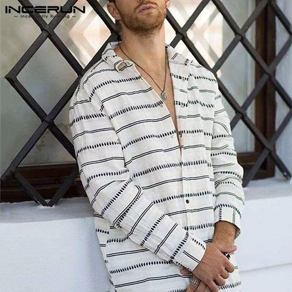 

incerun fashion striped shirt men lapel neck breathable long sleeve korean style handsome camisa casual mens shirts 2019 s-5xl, White;black