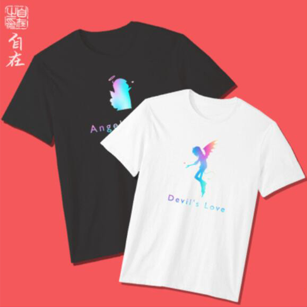 

original design devil's love gradient short-sleeve summer t-shirt men and women cartoon cute couples, White;black