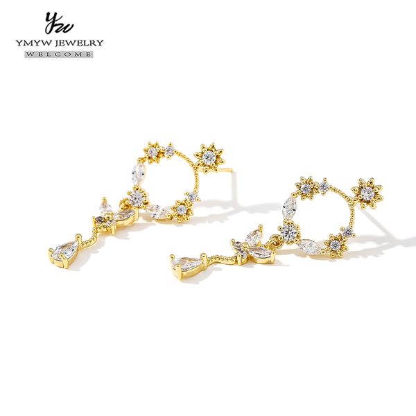 

ymyw cubic zirconia flower drop earrings elegant romantic luxury plants bling charm dangle earrings for women wedding party gift, Silver