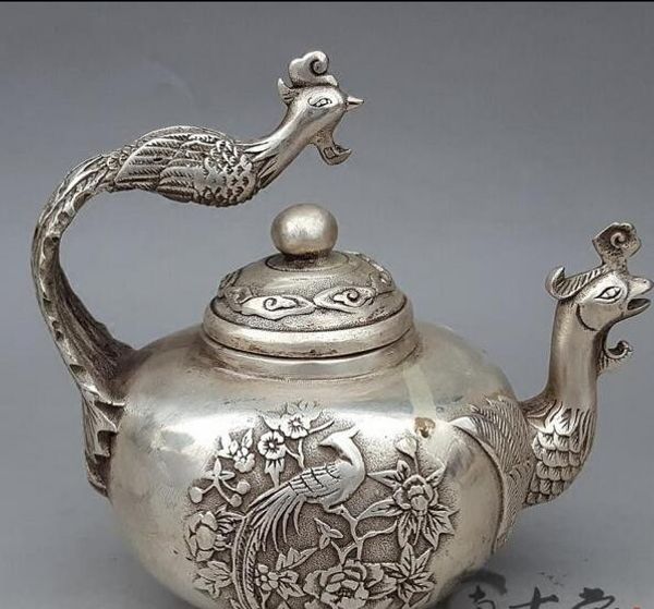 

античный чистой меди латуни посеребренной феникс фляга украшения пион феникс колбу