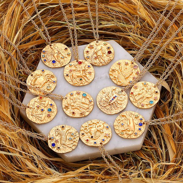 

vkme 12 crystal constellation necklace 2019 female retro constellation necklace and pendant gift gold zodiac jewelry, Silver