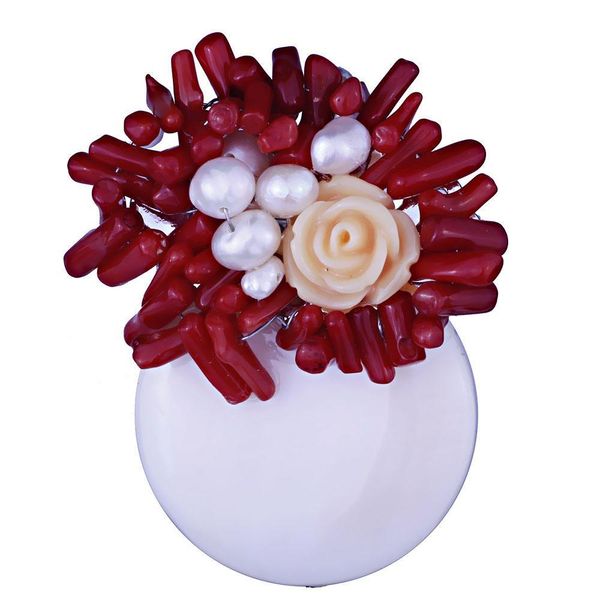 

farlena ювелирные изделия уникальный дизайн круглый ракушка броши с пресноводным жемчугом винтаж красный коралл бутик брошь, Gray