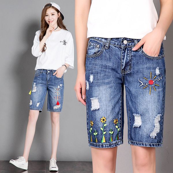 

plus size thin embroidered shorts jeans woman holes ripped jeans women beach summer shorts capris denim short pants women c4462, Blue