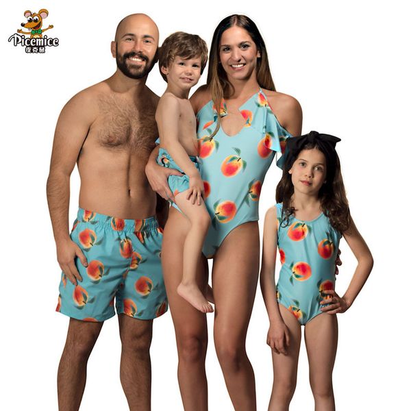 

family look купальники персик печати купальник мама дочь лето купальный костюм мужчины мальчиков шорты matching swimsuits, Blue