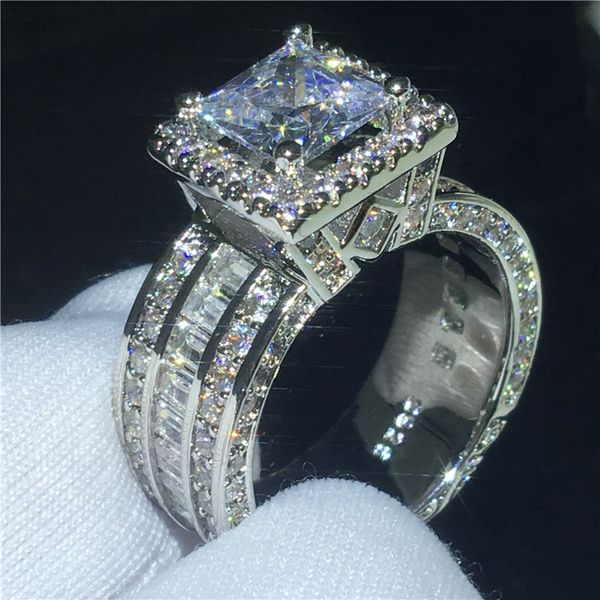 

luxury court ring 3ct diamond cz stone 925 sterling silver engagement wedding band ring for women men finger jewelry gift, Slivery;golden