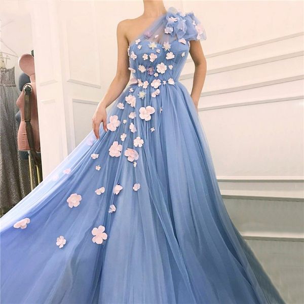 

fairy blue evening dresses 2019 one shoulder handmade flowers pearls tulle islamic dubai saudi arabic long evening gowns prom, White;black