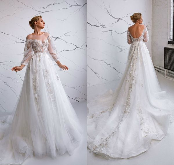 

new elegant wedding dresses boho a line appliqued jewel neck long sleeve robes de mariÃ©e custom made backless country bridal gowns, White