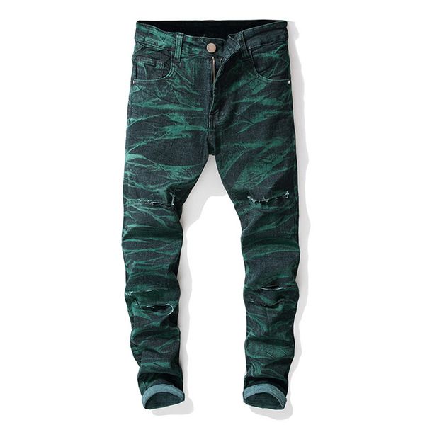 

straight designer mens jeans holes stretch tie dye long mens jeans mid waist regular distrressed male clothing, Blue