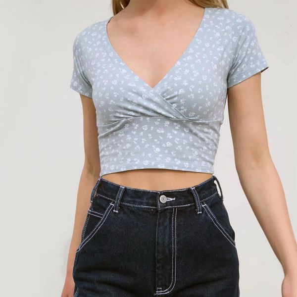 

women floral crossover t-shirt v-neck short sleeved crop cotton blend crop tee cute teenager dayly clothing, White