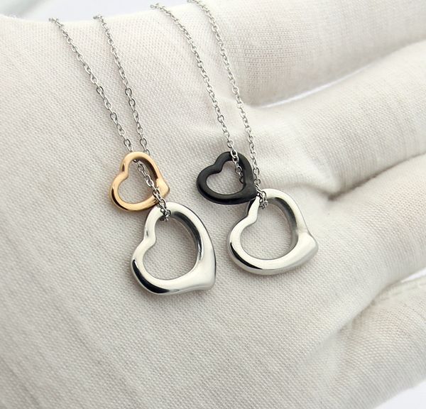 

new arrive fashion lady 316l titanium steel 18k plated gold necklaces with letter t hollow out double heart pendant 3 color, Silver