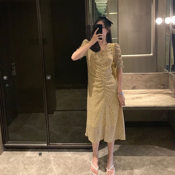 

azuho women's summer 2020 yellow pleated v-neck chiffon midi short-sleeved temperament floral azuho dress women's summer 2020 yell, White