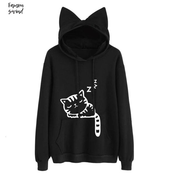 

black women kawaii cat ear hoodies cute canvas cartoon sleeping cat printed hooded sweatshirt female loose pullover outerwear