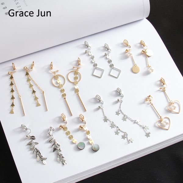 

grace jun korea style heart peach star geometric long tassel clip on earrings without piercing for women no ear hole earrings, Silver