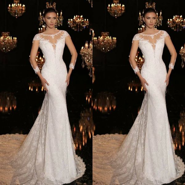 

2020 naviblue свадебные платья прозрачные кружева с длинными рукавами бисером блестками сад русалка свадебные платья длинные свадебные плать, White