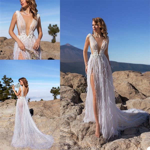 

high-split wedding dresses v-neck sleeveless backless appliqued feather beaded a-line bridal dress sweep train vestidos de novia, White