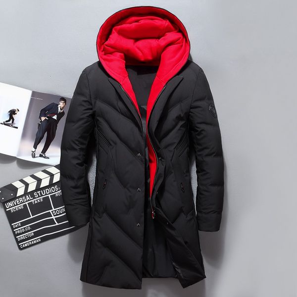 

men's white duck down parka winter fashion down jacket fake two pieces hooded long padded coats male overcoat jk-8908, Black
