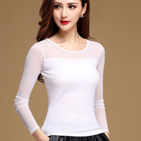 

women mesh spring autumn fashion casual stretch long sleeve blouse shirt elegant for women blusas new arrivals, White