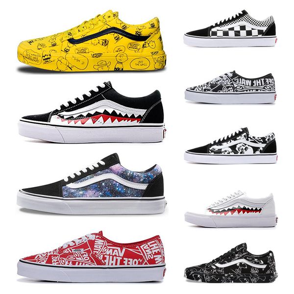 

2019 otw-repeat mens women canvas sneakers old skool sk8 skateboard shoes black white shark flat men casual shoe size 36-44, White;red
