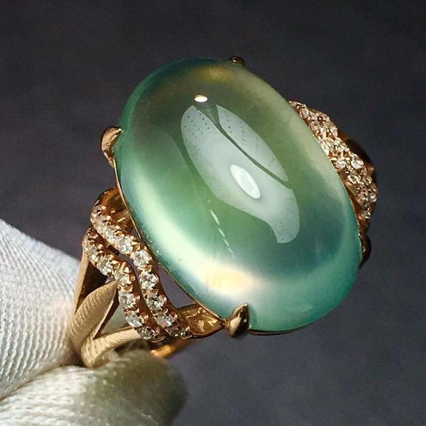 

fine jewelry real 18k rose gold 100% natural prehnite gemstones 8.8ct diamonds 18k gold diamonds stone female ring, Golden;silver