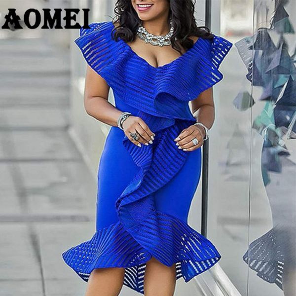 

women party blue dress ruffle patchwork tulle lady clubwear dinner evening plus size slim bodycon tunic femme robes xxl, Black;gray