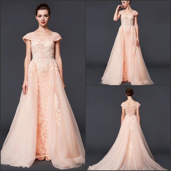 

latest formal evening dresses a-line jewel short sleeve detachable lace appliques special occasion dress illusion back graceful prom dress, Black;red