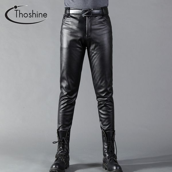 

thoshine brand man leather pants spring and summer fashion men slim pu leather trousers high elastic man motorcycle pants street v191217, Black