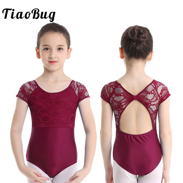 

tiaobug kids teens sports bodysuit floral lace ballet leotard children professional gymnastics leotard girls stage dance costume, Black;red