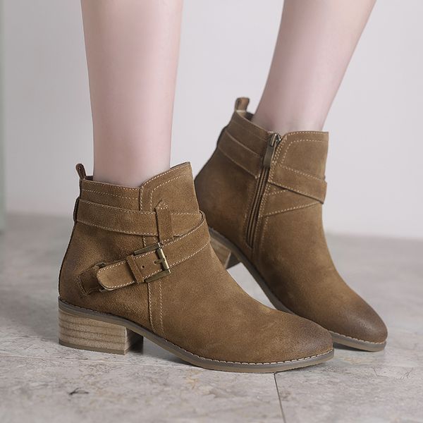 

teahoo side zipper genuine leather boots women 2017 autumn ankle boots for women pointed toe mid heels shoes sude womens, Black