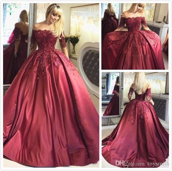 

2018 new arrival beaded dark red wedding dresses ball gown vintage off shoulder crystal long sleeve wedding bridal gowns, White