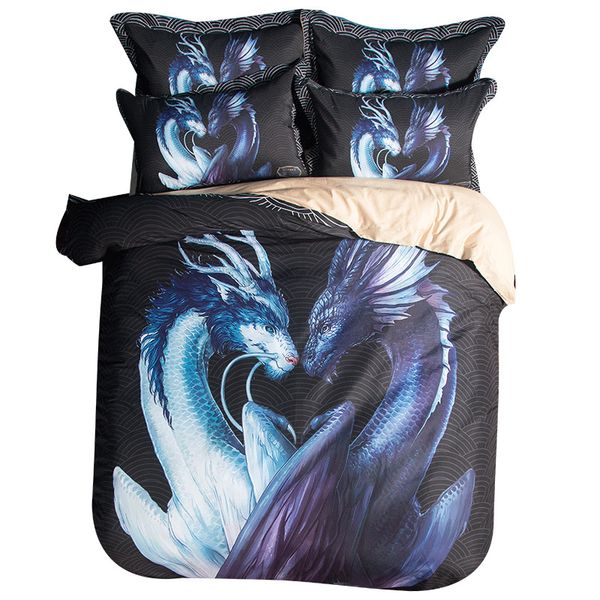 

100%cotton yin and yang dragons black by bedding set 3d printed duvet cover 4piece bed set  animal home textiles for adults