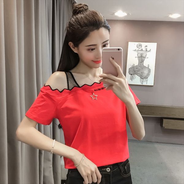 

2020 shoulder-exposed gauze mosaic solid color student short-sleeved t-shirt female summer ()2020 shoulder-exposed gauze pendant mosaic pe, White
