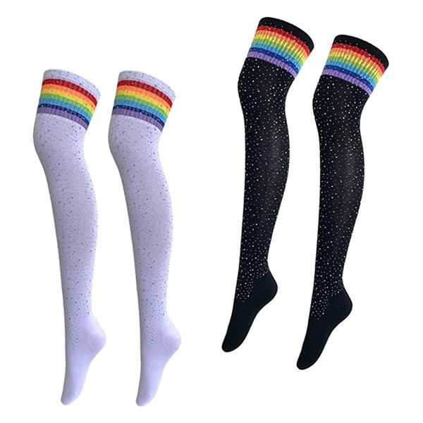 

2 pairs women's cotton striped high socks, gift - black + white