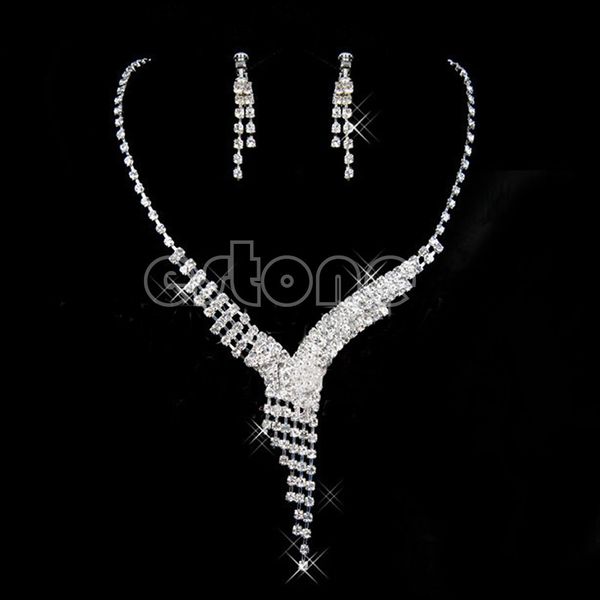 

necklace wedding crystal prom bridal earrings rhinestone bridesmaid jewelry set, Silver