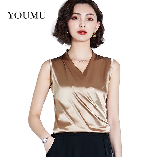 

women satin shirts sleeveless tank casual pleated shiny v-neck faux silk summer tees slim work wear camis 914-a082, White
