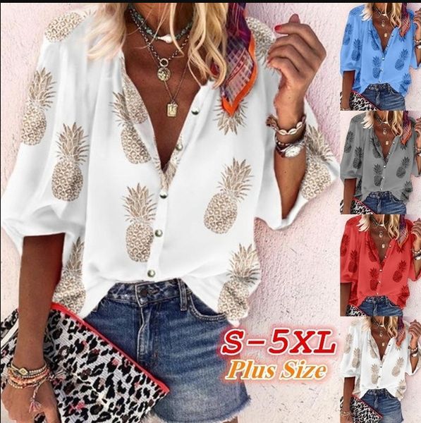 

women trendy clothings fashion t-shirt 3/4 sleeve blouse button pineapple printing loose plus size s-5xl, White