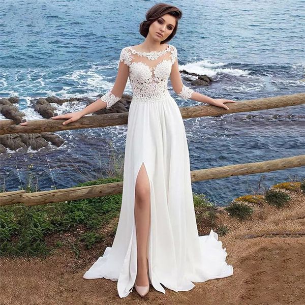 

quarter sleeves sheer a-line wedding dresses formal beach bridal gowns chiffon long split side 2020 vestidos de marriage spring, White