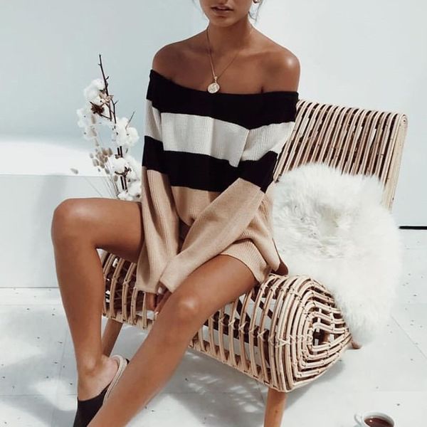 

2019 autumn winter women stripe off shoulder long sleeve knitting pullover blouse sweater robe femme hiver#15, White;black