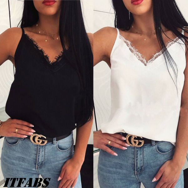

2019 новые моды для женщин атласные шелковые кружева летние майки sexy ladies жилет твердые повседневная урожай cami камзол топ, White